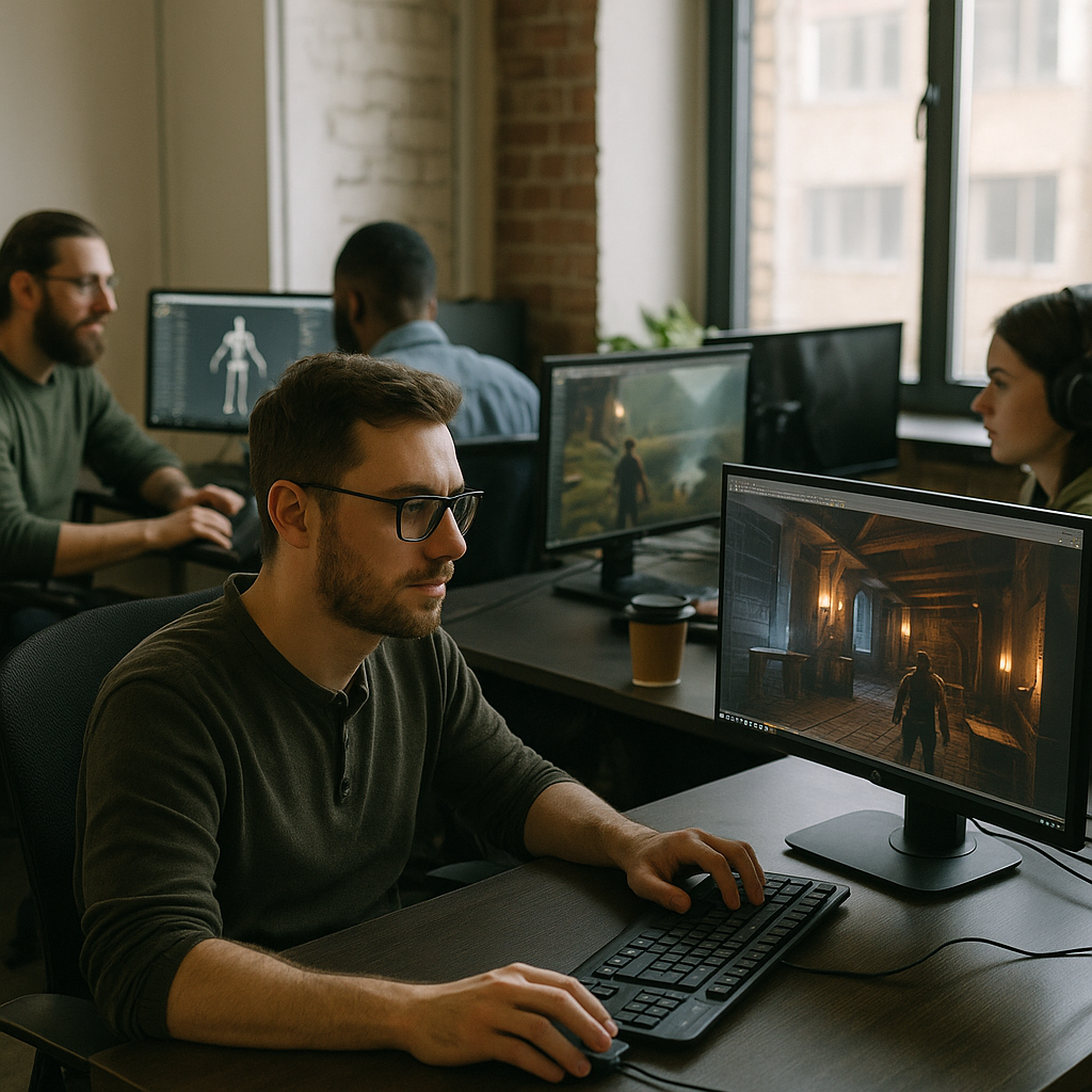video game developers working at computers office